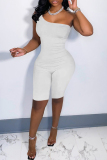 White Fashion Casual Solid Backless Oblique Collar Sleeveless Skinny Romper