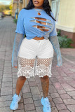 White Fashion Casual Patchwork Lace Regular High Waist Plus Size Denim Shorts
