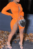Orange Fashion Sexy Solid Bandage Hollowed Out Chains V Neck Long Sleeve Dresses