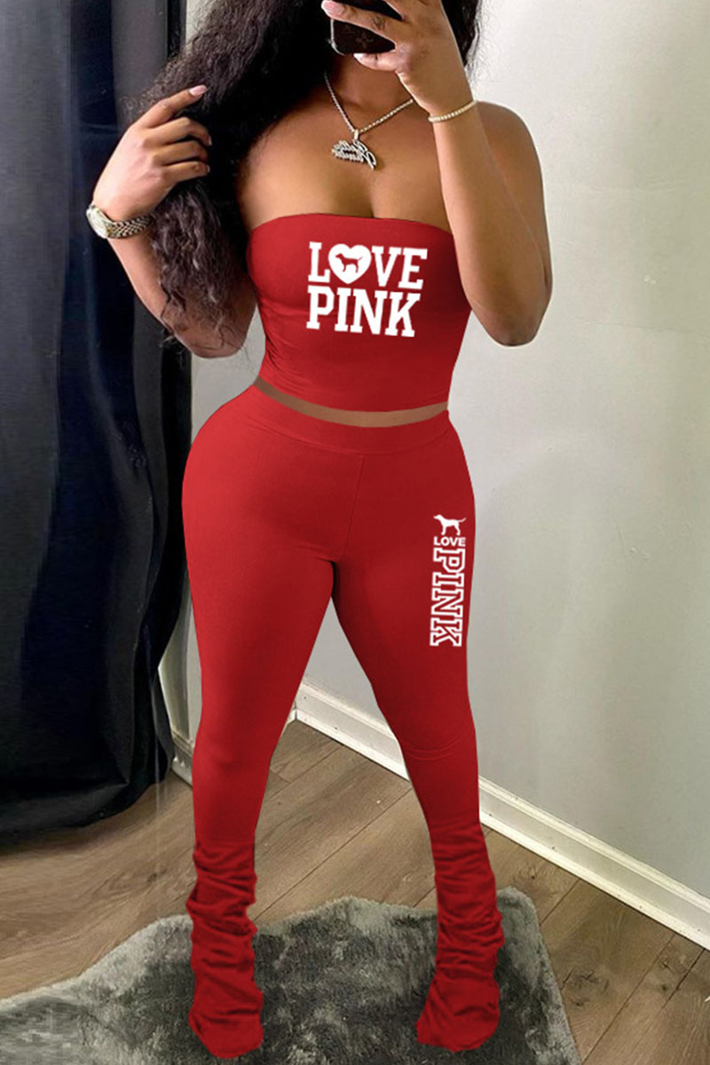 

Red Fashion Sexy Letter Fold Strapless Sleeveless Two Pieces