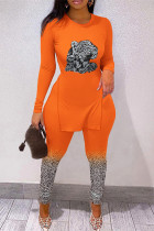 Orange Fashion Casual Print Leopard Slit O Neck Long Sleeve Two Pieces
