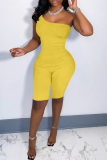 Yellow Fashion Casual Solid Backless Oblique Collar Sleeveless Skinny Romper