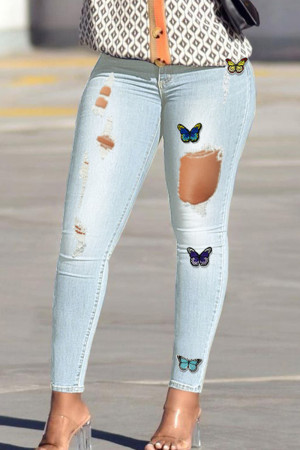 Baby Blue Fashion Casual Butterfly Print Ripped High Waist Skinny Denim Jeans