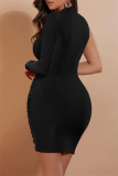 Black Fashion Sexy Solid Fold Half A Turtleneck Long Sleeve Dresses