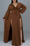 Black Fashion Sexy Solid Frenulum Slit V Neck Long Sleeve Plus Size Dresses