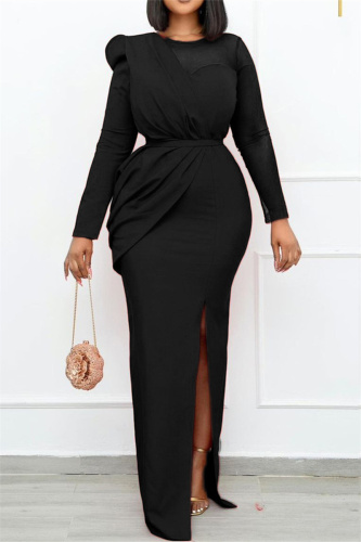 Black Formal See-Through Long Sleeve Side Slit Floor Length Slim Fit Evening Party Maxi Wedding Guest Dress