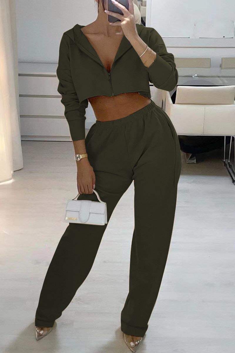 

Army Green Fashion Casual Solid Basic Hooded Collar Long Sleeve Two Pieces