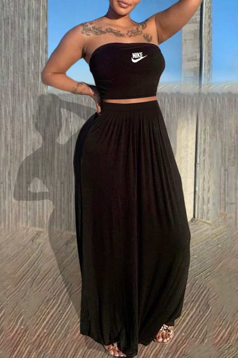 

Black Fashion Casual Print Split Joint Strapless Sleeveless Two Pieces