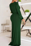Green Fashion Sexy Solid Patchwork Slit V Neck Long Sleeve Dresses