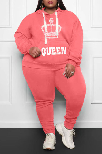 Pink Casual Print Patchwork Hooded Collar Plus Size Two Pieces