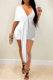 White Fashion Casual Solid Patchwork V Neck Irregular Dress