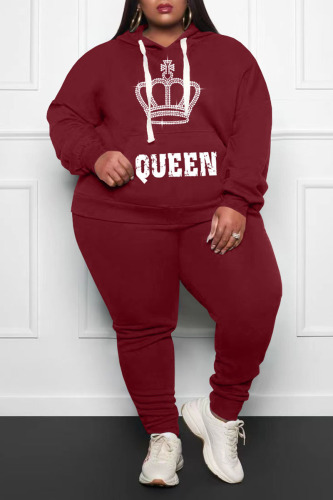 Burgundy Casual Print Patchwork Hooded Collar Plus Size Two Pieces