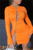 Orange Fashion Sexy Solid Bandage Hollowed Out Chains V Neck Long Sleeve Dresses