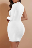 White Fashion Sexy Solid Fold Half A Turtleneck Long Sleeve Dresses
