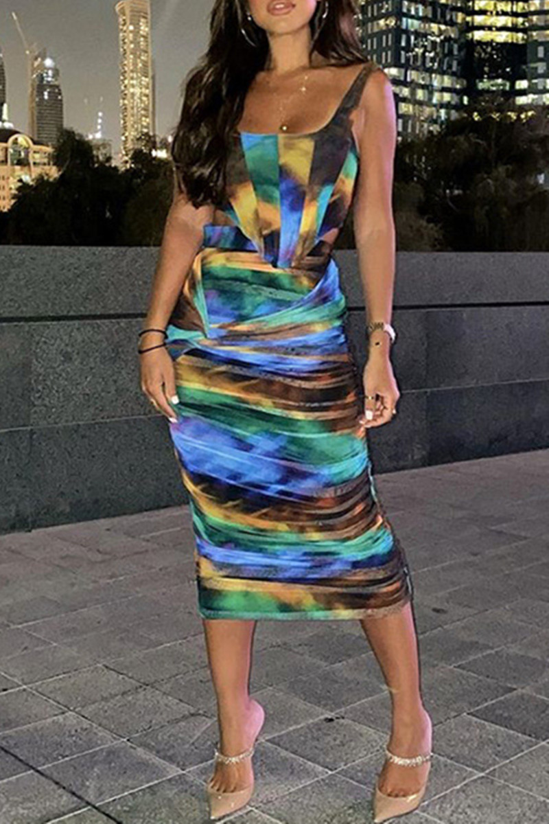 

Colour Fashion Sexy Print Backless Fold Asymmetrical U Neck Sleeveless Two Pieces