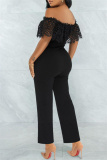 Black Fashion Casual Solid Lace Patchwork Off the Shoulder Regular Jumpsuits