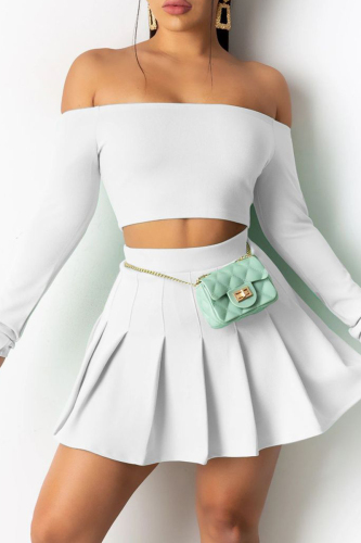 White Sexy Casual Solid Backless Off the Shoulder Long Sleeve Two Pieces