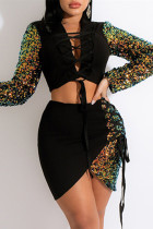 Black Fashion Sexy Patchwork Sequins Strap Design Turndown Collar Long Sleeve Two Pieces