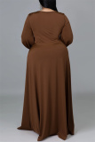 Brownness Fashion Sexy Solid Frenulum Slit V Neck Long Sleeve Plus Size Dresses
