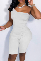 White Fashion Casual Solid Backless Oblique Collar Sleeveless Skinny Romper