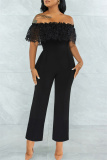 Black Fashion Casual Solid Lace Patchwork Off the Shoulder Regular Jumpsuits