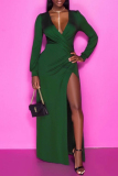 Green Fashion Sexy Solid Patchwork Slit V Neck Long Sleeve Dresses