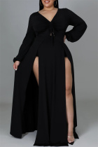 Black Fashion Sexy Solid Frenulum Slit V Neck Long Sleeve Plus Size Dresses
