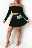 Black Sexy Casual Solid Backless Off the Shoulder Long Sleeve Two Pieces