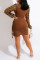 Brown Fashion Sexy Patchwork Sequins Strap Design Turndown Collar Long Sleeve Two Pieces