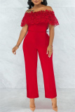Red Fashion Casual Solid Lace Patchwork Off the Shoulder Regular Jumpsuits