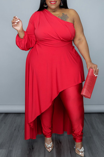 Red Sexy Casual Solid Patchwork Asymmetrical Oblique Collar Plus Size Two Pieces