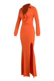 Orange Fashion Casual Solid Slit V Neck Long Sleeve Two Pieces