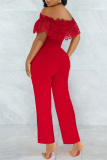 Red Fashion Casual Solid Lace Patchwork Off the Shoulder Regular Jumpsuits