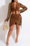 Brown Fashion Sexy Patchwork Sequins Strap Design Turndown Collar Long Sleeve Two Pieces