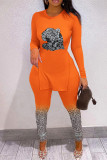 Orange Fashion Casual Print Leopard Slit O Neck Long Sleeve Two Pieces