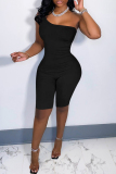 Black Fashion Casual Solid Backless Oblique Collar Sleeveless Skinny Romper