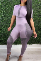 Purple Sexy Solid Split Joint O Neck Short Sleeve Two Pieces