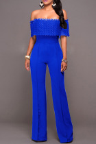 Blue Casual Solid Split Joint Off the Shoulder Straight Jumpsuits