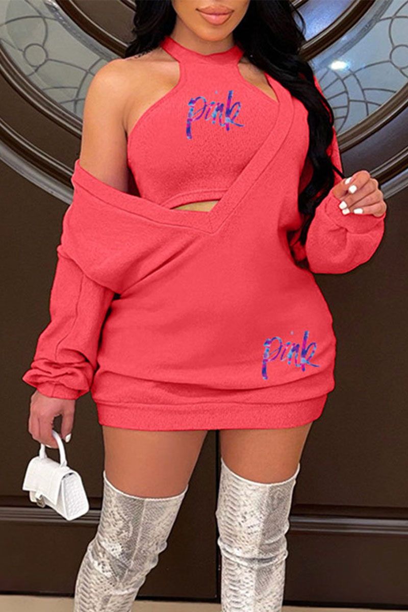 

Brick Red Sexy Print Patchwork V Neck Long Sleeve Two Pieces