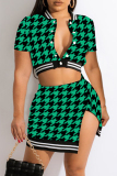 Green Fashion Sexy Print Patchwork Slit Short Sleeve Two Pieces