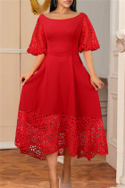 Red Fashion Casual Patchwork Solid Hollowed Out O Neck Long Dress