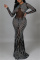 Black Fashion Sexy Patchwork Hot Drilling See-through O Neck Evening Dress
