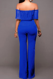 Blue Casual Solid Patchwork Off the Shoulder Straight Jumpsuits