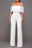 White Casual Solid Patchwork Off the Shoulder Straight Jumpsuits