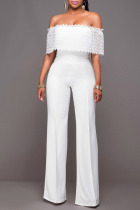 White Casual Solid Split Joint Off the Shoulder Straight Jumpsuits