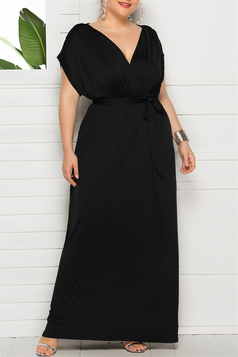 

Black Fashion Casual Plus Size Solid Patchwork V Neck Long Dress