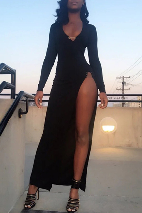 Black Fashion Sexy Solid Slit V Neck Long Sleeve Dresses