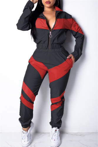 Black Red Fashion Casual Patchwork Solid Patchwork Zipper Collar Long Sleeve Two Pieces(Without Pocket)