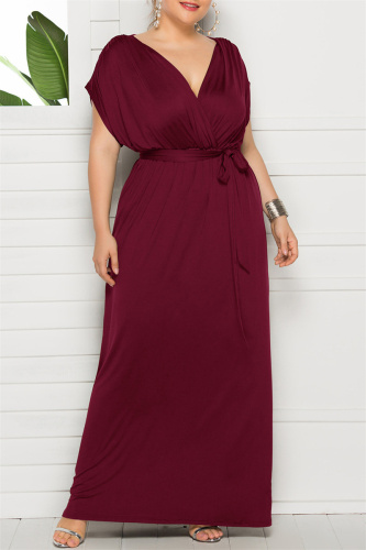 Burgundy Fashion Casual Plus Size Solid Patchwork V Neck Long Dress