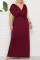Burgundy Fashion Casual Plus Size Solid Split Joint V Neck Long Dress